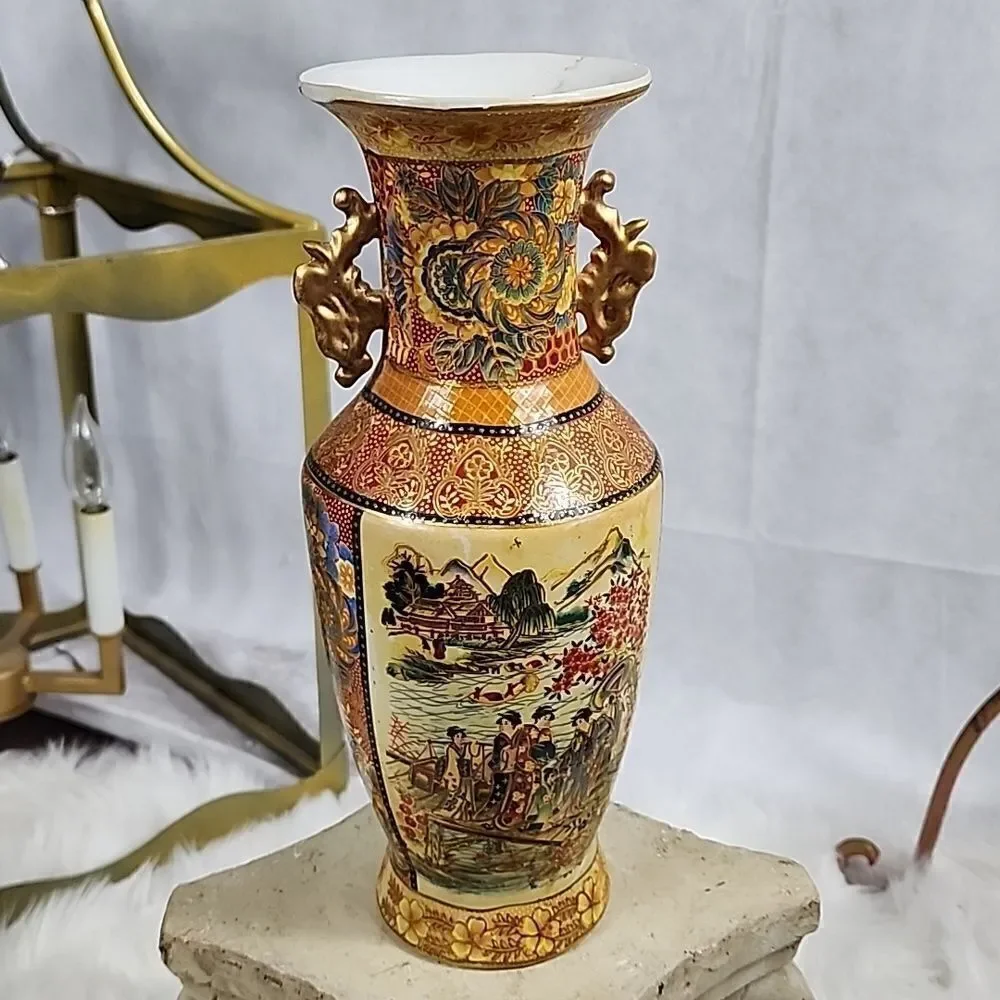 Hand Painted Japanese Water and Mountain Scene Vase Urn